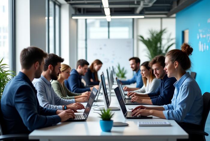 Équipe de Genvest travaillant en collaboration dans un bureau moderne et lumineux
